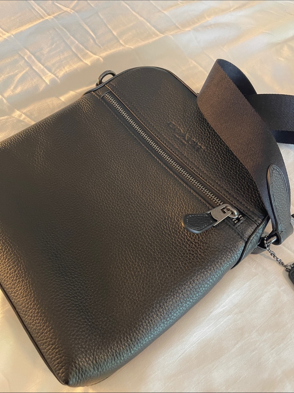 Coach Black Pebbled Leather Messenger Bag with Web Strap - Picture 3 of 9